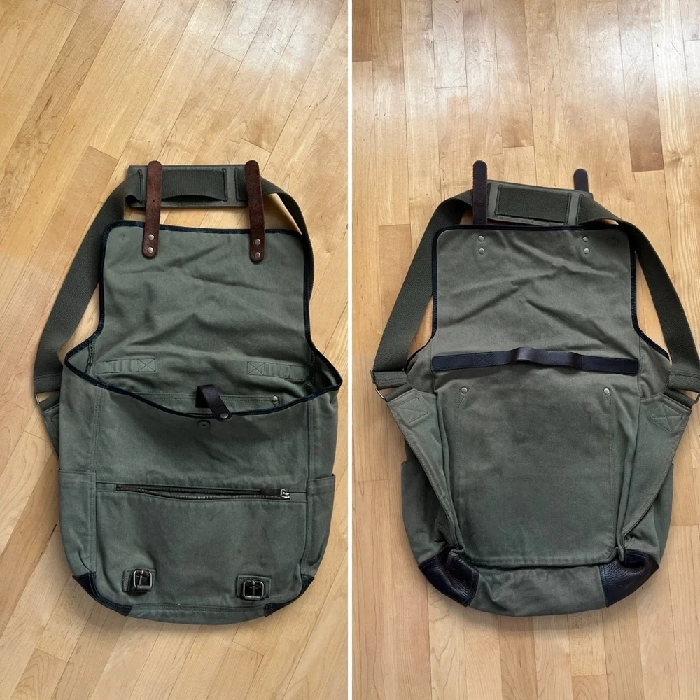 💼J.Crew Green Canvas Fabric & Brown Leather Adjustable Strap Messenger Bag